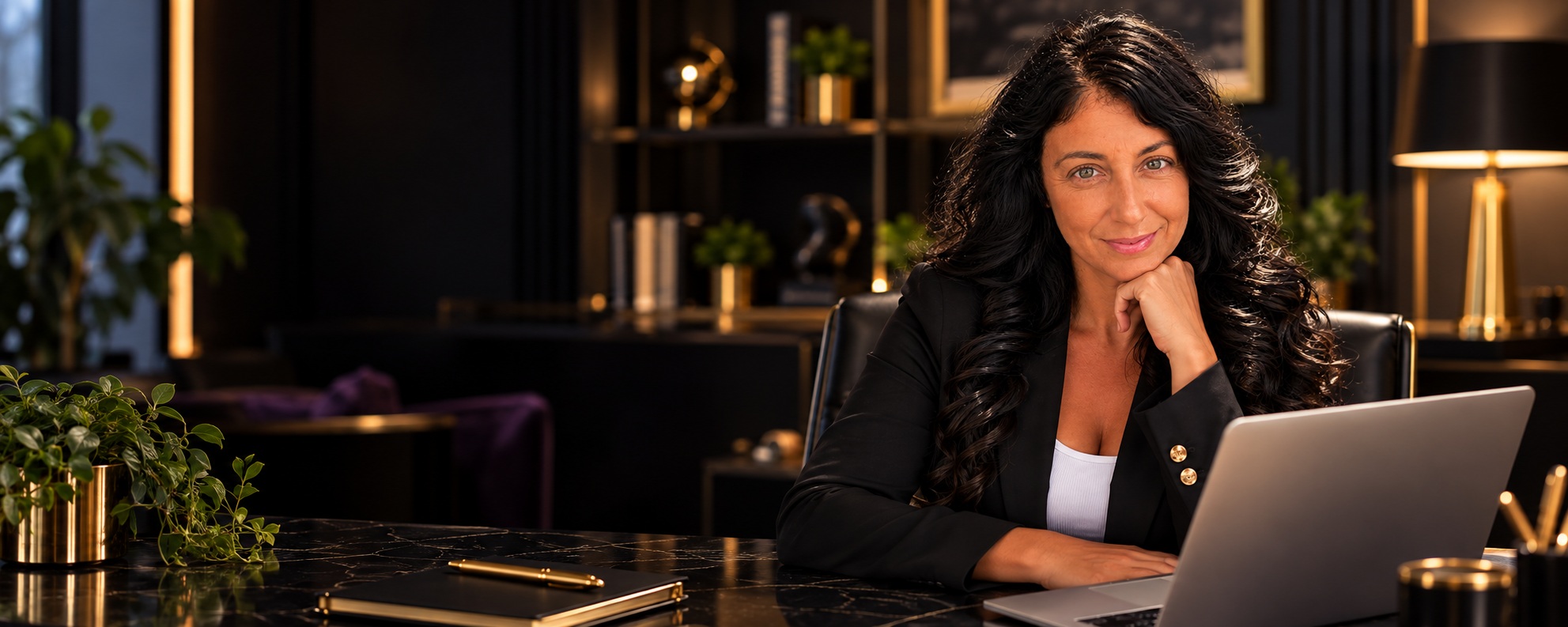 Chasity Clark seated at a black marble desk with a laptop in a dark, gold-accented office